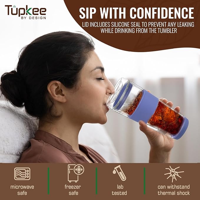 Tupkee Glass Sip Lid Jacaranda - Replacement Double Wall Glass Tumbler, 14oz & 8oz Hand Blown Travel Mug