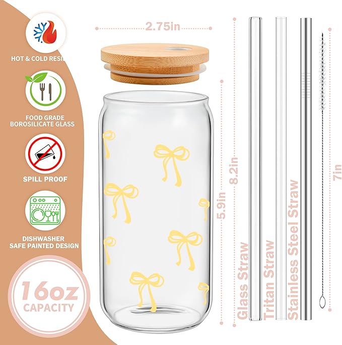 BIPEDS Coquette Cute Pastel Yellow Bow Glass Cups with Lids and Straws, Aesthetic Iced Coffee Cup Girly Preppy Tumbler Mug, Christmas Valentines Birthday Gifts for Women, Teen Girl Gifts Trendy Stuff
