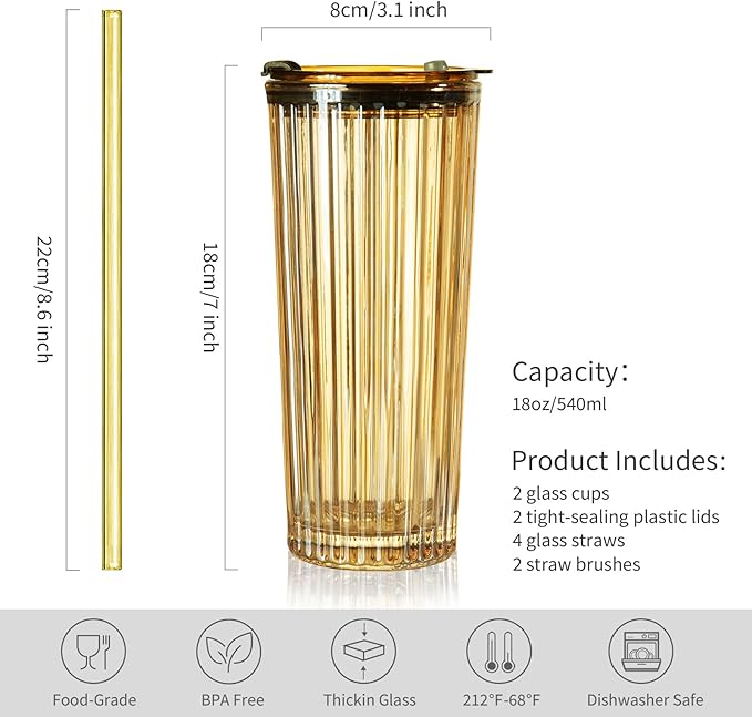 Puraville 2 Pack 18oz Glass Cups with Lids and Straws, Vintage Ribbed Striped Glacier Pattern Thickened Glassware for Whiskey Cocktail Beer, Mason Jar Drinking Glasses Tumbler Iced Coffee Cup, Amber