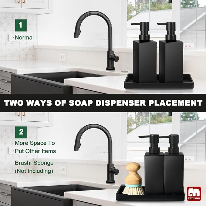 GMISUN Kitchen Soap Dispenser Set, Hand and Dish Soap Dispensers, 12 fl oz/350 ml Black Soap Dispenser with Tray, Glass Dish Dispenser for Kitchen, Liquid Hand Soap and Lotion Bottle Set for Bathroom