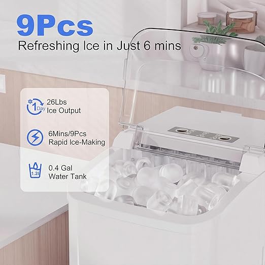 NEWBULIG Ice Makers Countertop with Handle, Portable Ice Machine, 9 Bullet Ice Cubes in 6 Mins, 26lbs in 24Hrs, Auto-Cleaning, with Basket and Scoop, for Home, Kitchen, RV, Camping,White