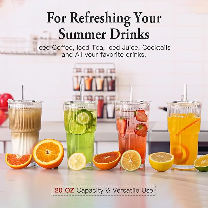 4PCS Ribbed Glass Cups with Lids and Straws, 20oz Vintage Drinking Glasses, Aesthetic Iced Coffee Cups, Glass Tumbler for Boba, Beer, Tea, Cocktails, Ribbed Glassware Set,Clear