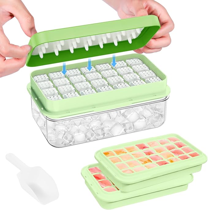 PHINOX Ice Cube Tray With Lid and Bin, Ice Trays for Freezer, Flexible Ice Cube Trays, Making 56 pcs Ice Cubes, Chilling Cocktail, Whiskey, Coffee, with 2 trays, Ice Container, Scoop&Cover, BPA Free