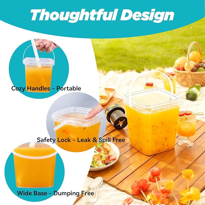 10Pack 34oz Reusable Drink Bucket with Sealed Lid & Straw - Clear Plastic Party Cups for Coffee, Drinks & Ice, Plastic Food Storage Container