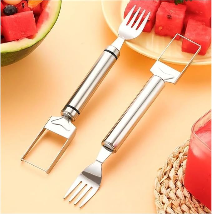 Stainless Steel Watermelon Cutter – Dual-Head Slicer and Fork Tool, Summer Fruit Cutting Tool for Home Kitchens (2-Pack)