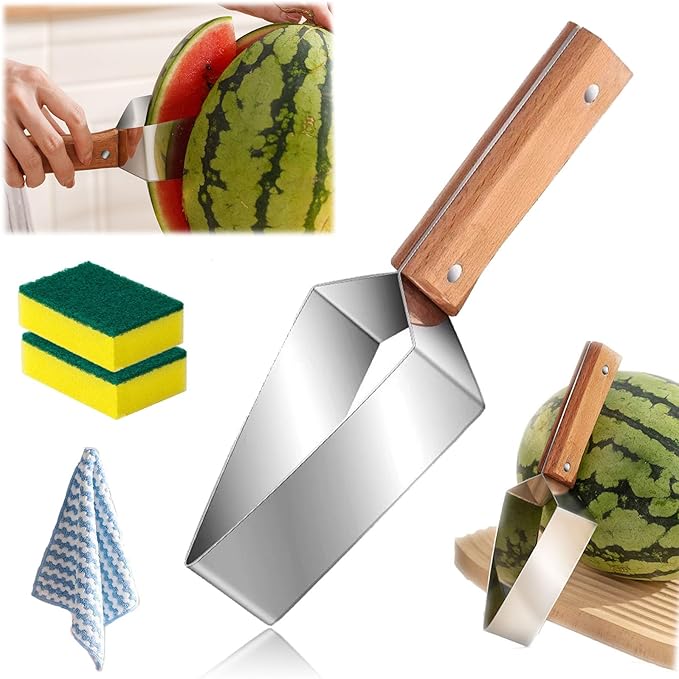 2026 Stainless Steel Watermelon Slicer, Wooden Handle Triangle Watermelon Cutter, Creative Stainless Steel Melon Slicer for Honeydew & Large Watermelons (1PC)