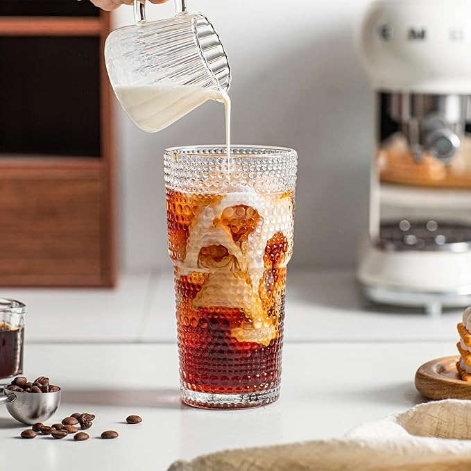INSETLAN 20oz Hobnail Glass Cups with Lids and Glass Straws – 2 Pieces, Thick-Walled Glass Tumblers for Iced Coffee, Smoothies, Milk, Water, Juice, and More – Elegant and Durable Drinking Glasses