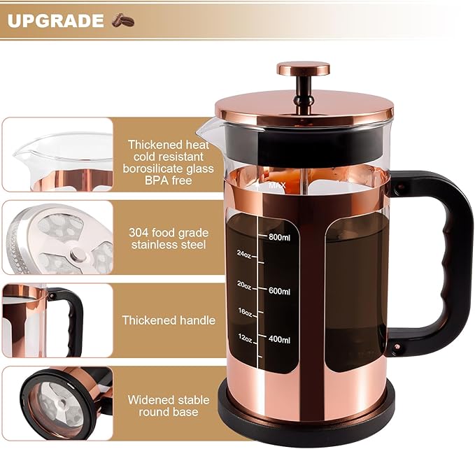 French Press Coffee Tea Maker, Upgrade Heat Cold Resistant Thickened Glass with 4 Level Stainless Steel Filtration System Brew Coffee & Tea, BPA Free, Large 1000ml 34oz, Rose Gold
