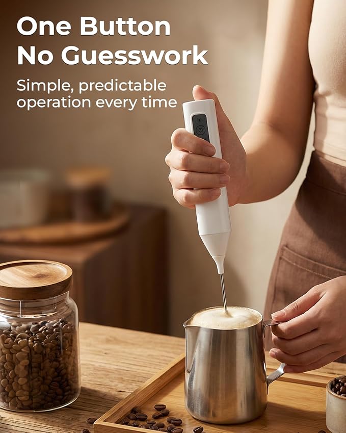 INDCAN Rechargeable Milk Frother Handheld, Electric Coffee Frother Wand with Stainless Steel Stand, 3-Speed Foam Maker with 2 Whisks, USB-C Drink Mixer for Latte, Cappuccino, Matcha (Elite, White)