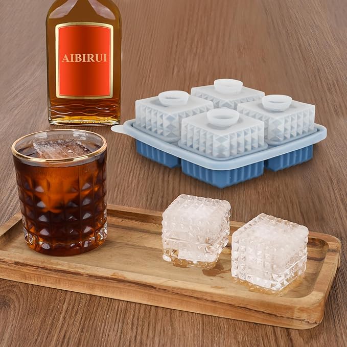 2 Pack Whiskey Ice Cubes Mold,Silicone Ice Cube Trays with Lid,2-Inch,Diamond Textured Large Square Ice Cube Mold,Bourbon Ice Cube Molds,Ice Trays-Ice Molds for Whiskey,Cocktails,Blue