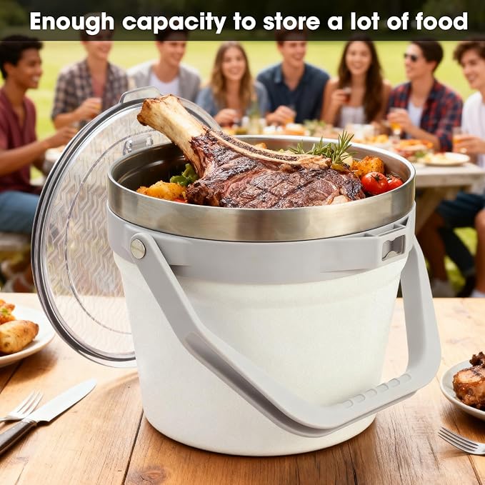 COKTIK 7L Insulated Ice Bucket with Lid，Double Wall Vacuum Stainless Steel Beverage Bucket Keeps Frozen Longer，Holds 6 Longnecks or 3 Bottles of Wine，for hot food, Large Parties(No Accessories, White)