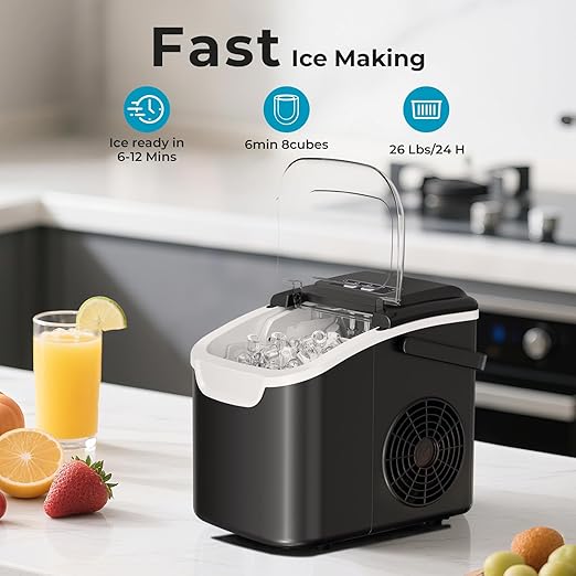 Ice Maker Countertop, 26.5lbs/24Hrs, 8 Bullet ICES in 6 Mins – Self-Cleaning Portable Ice Maker with Selectable Ice Size & Touch Display for Home/Office/Bar, Matte Black