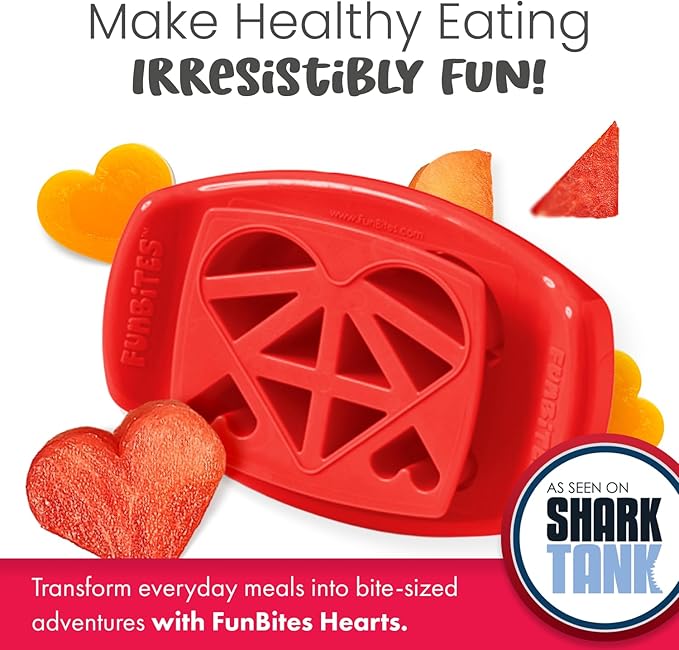 FUNBITES Crustless Sandwich Cutter for Kids Lunch (2-piece set), Uncrustable Sandwich Cutter, Bite-Size Food Cutter for Toddlers, Bento Box Accessories, BPA-FREE Dishwasher Safe, Red Hearts 1pk