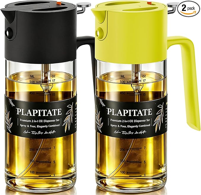 PLAPITATE 2Pcs 17oz Premium Olive Oil Sprayer for Cooking, 2 in 1 Glass Olive Oil Dispenser Bottle for Kitchen Gadgets, Spray Bottle with Portion Control for Salad, Frying, BBQ (Black & Lime Yellow)