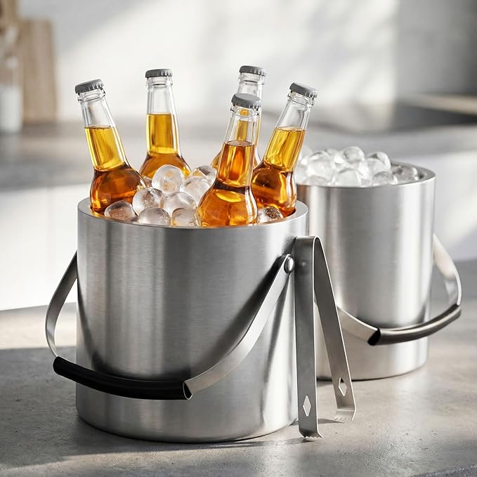 2 Pcs 3l/3.17qt Insulated Ice Bucket with Silicone Lid, Scoop, Tongs Strainer Stainless Steel Double Wall Insulated Ice Buckets for Parties Cocktail Bar, Outdoor Champagne Container Bin