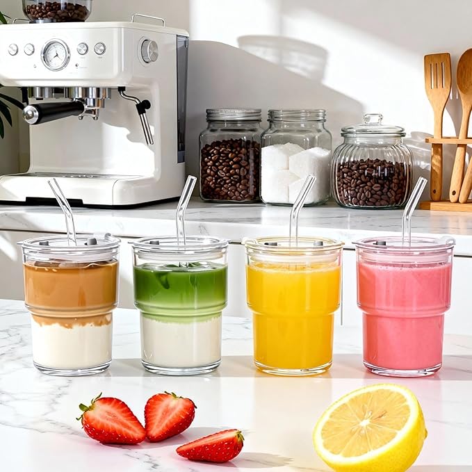 Glass Tumbler with Lid and Straws, Resuable Ice Coffee Cups, Thickened Drinking Glass to Go Cups for Water, Smoothie, Matcha, Iced Tea Fruit Juice, Cold Beverage, Clear, 13oz, Set of 2