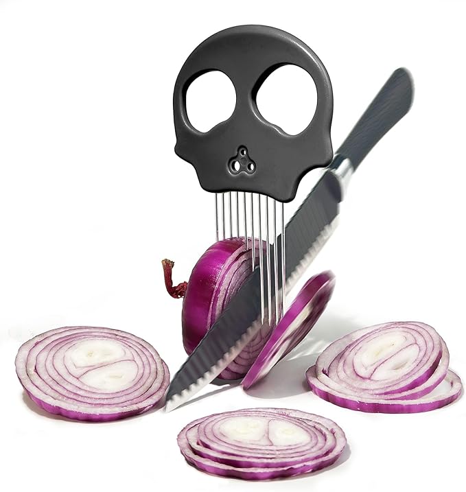 Stainless Steel Onion Cutter & Egg Slicer – Multi-Function Vegetable Cutter and Herb Stripper for Avocados, Tomatoes, and Potatoes (Obsidian)