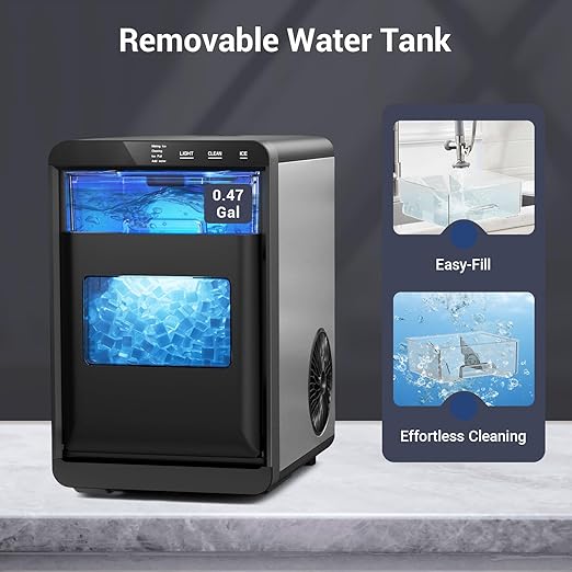 Nugget Ice Maker Countertop, 45Lbs/24H with Water Tank Pebble Ice Maker, Self-Cleaning Pellet Ice Machine Ready in 5-10min, Nugget Ice Machine for Kitchens/Home/Office