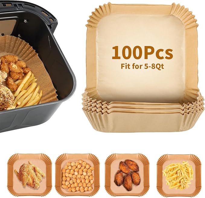 Air Fryer Liners Disposable Square for Ninja AF141 AF142 5Qt/Ninja AF181 AF182 6.5Qt, 100PCs 7.9in Non-stick Oil-proof Parchment Cooking Paper for Gourmia/Cosori/Chefman 5-8Qt Airfryer/Media 11 Quart