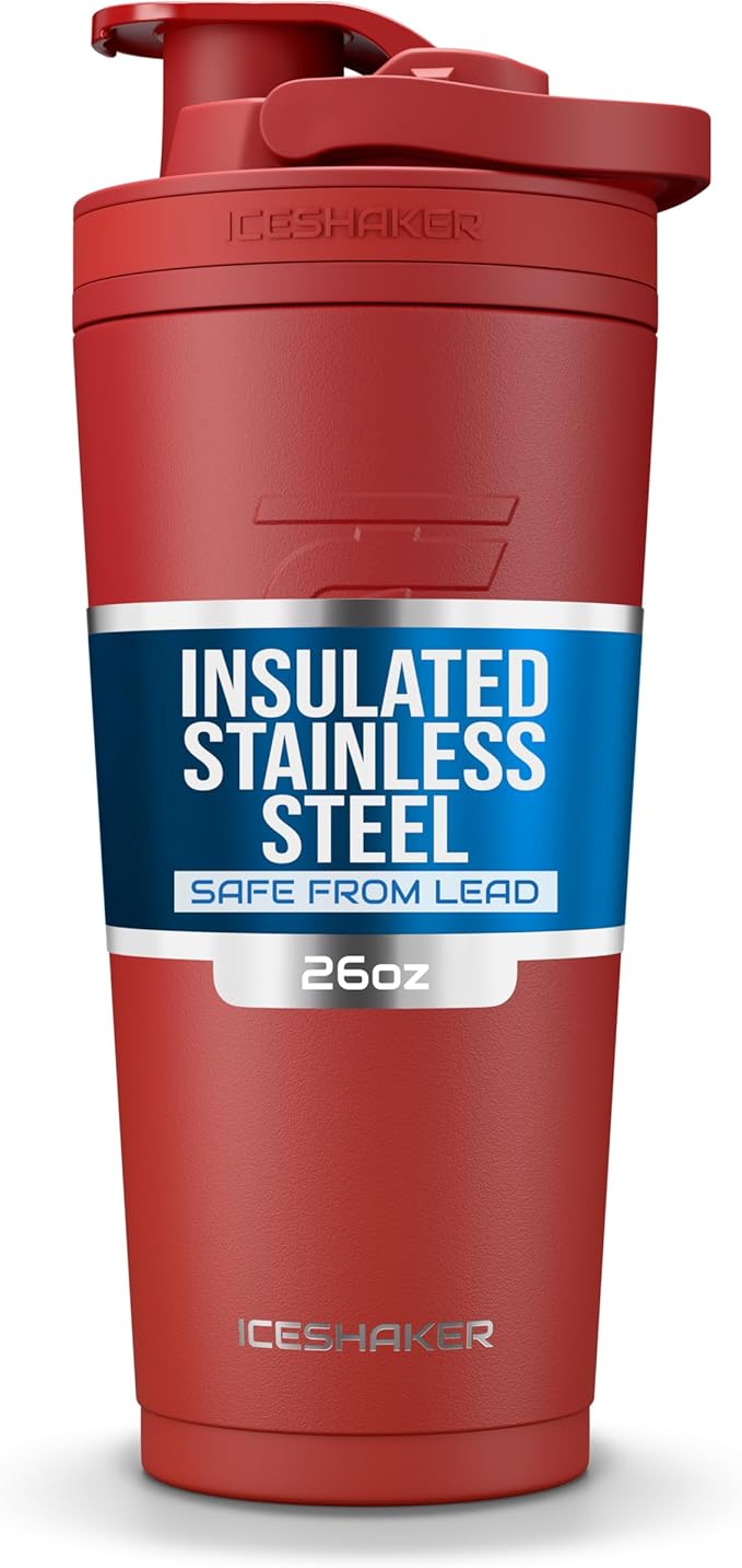 Ice Shaker Insulated Stainless Steel Shaker Bottle | 26oz, Red Color Rush | Cold for 30+ Hours | Insulated Cup with Twist-on Agitator | Odor-Free Bottle for Protein Shakes, Water, Smoothies, Cocktails
