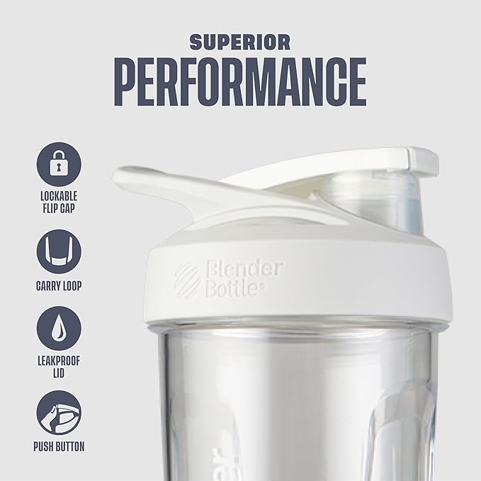 BlenderBottle Sport Shaker Bottle with Wire Whisk, 24-Ounce, White – Protein Shakes & Hydration for Athletes & Fitness Enthusiasts, Easy Mixing, Durable & Lightweight, Lockable Lid