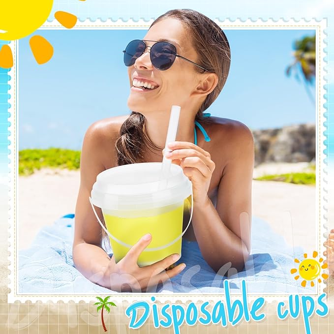 Funnymoom 30 Set 24oz Disposable Plastic Drink Buckets with Lids and Straws Frosted Iced Coffee Cups Rum Buckets for Cocktail Parties Smoothie Cup Bulk with Handles for Beach Pool Party Supplies