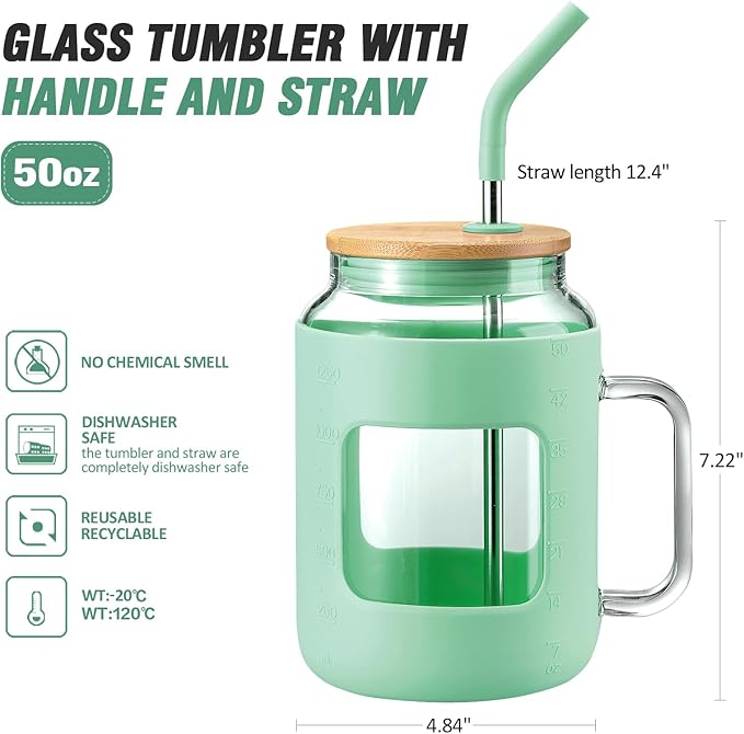 WINSA 50 oz Glass Water Bottles with Silicone Sleeve,Glass Tumbler with Lid and Straw,Iced Coffee Cup with Handle,BPA Free-Green