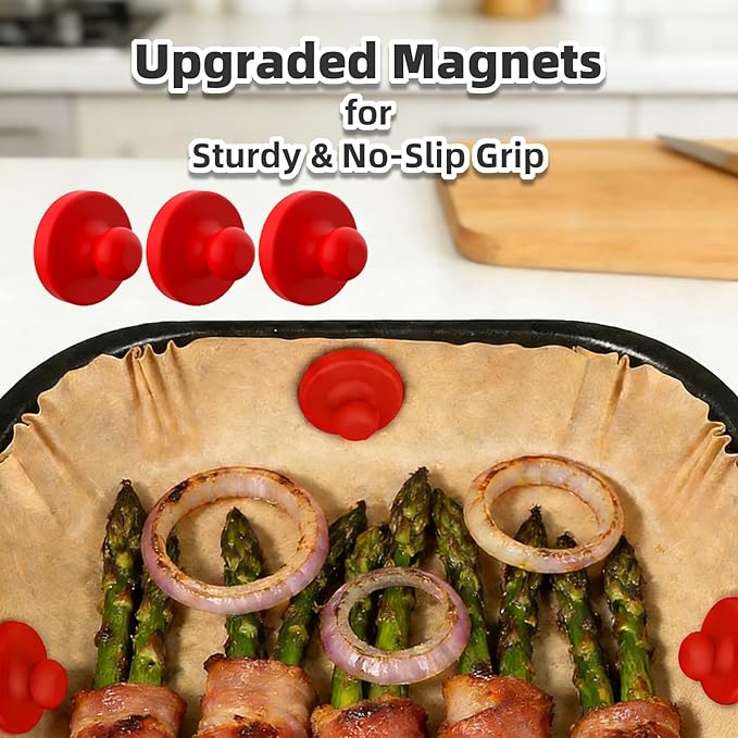Air Fryer Magnets for Parchment Paper Liners, 8PCS Upgraded Silicone Magnetic Buckles, High Temp Resistant Air Fryer Accessories, Prevent Paper Blowing, Burning & Covering Food (Red)