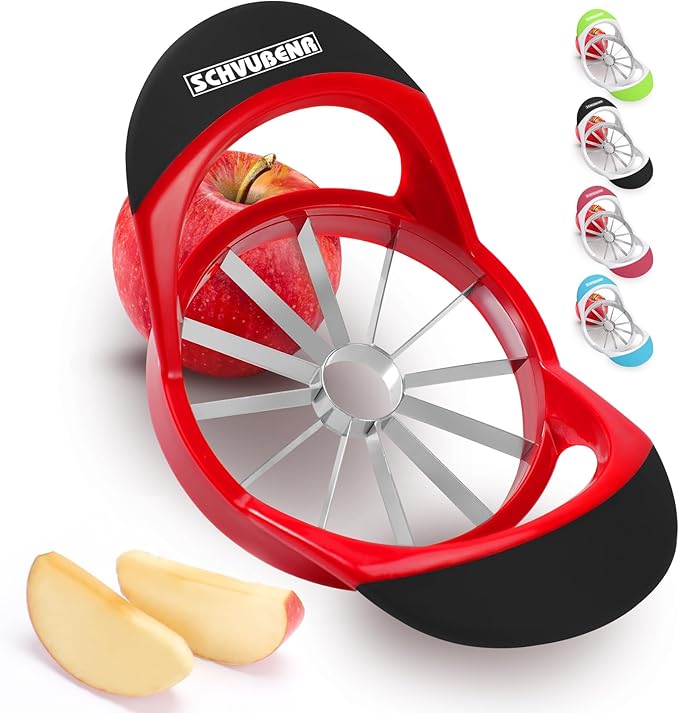 SCHVUBENR 12-Blade Apple Slicer and Corer - 4.72 Inch Sharp Stainless Steel Apple Cutter - Professional Apple Divider Tool for Quick Slices - Easy to Use & Clean - Slice Fruits with Ease - Red