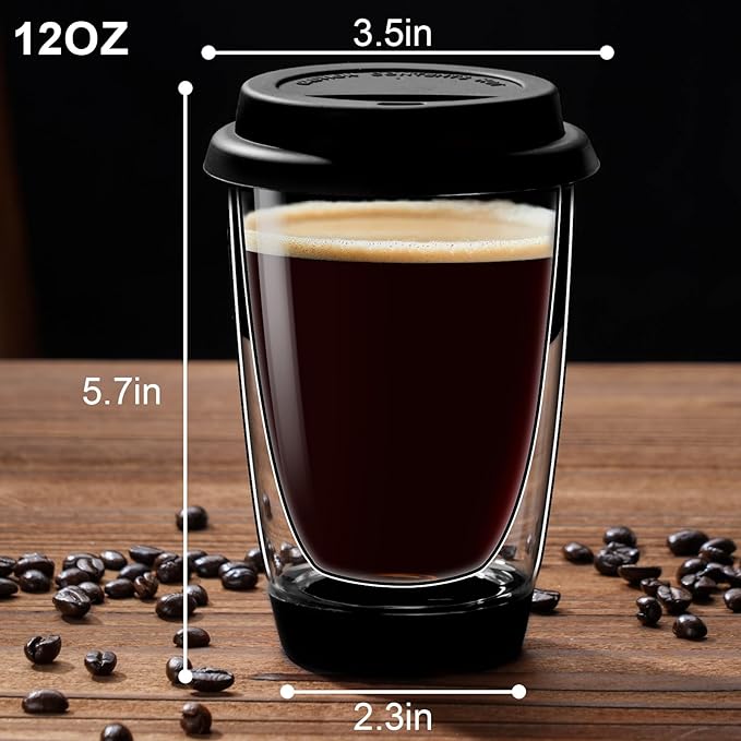 gegewawa Double Walled Glass Coffee Mugs, Glass Coffee Cugs with Silicone Lid 12OZ, Insulated Coffee Mug, Clear Coffee Mug for Travel/Kitchen(Black)