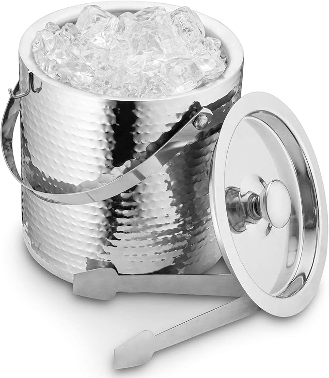Hammered Ice Bucket - Ice Bucket with Tongs - Insulated Ice Bucket with Lid - Double Wall Ice Bucket 3 Quarts - By Colleta Home