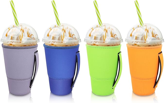4Pack Reusable Iced Coffee Sleeve Insulator Sleeves for Cold Drinks Beverages, Neoprene Cup Holder for Most Coffee, Fits 30-32oz Large Cups (Classic Color with Handle)