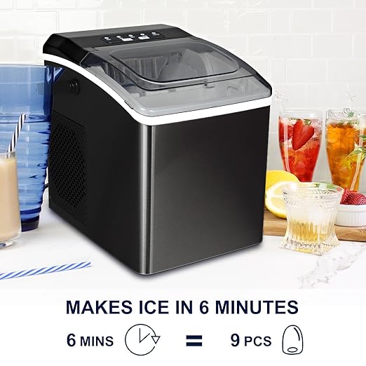 Koolatron KIM26-B Ice Makers Countertop, Portable Ice Maker, 26lbs/24Hrs 9 Bullet Ice Cubes Ready in 7 Mins, Self-Cleaning Function, L&S Size, with Ice Scoop and Basket, Perfect for Party, Black