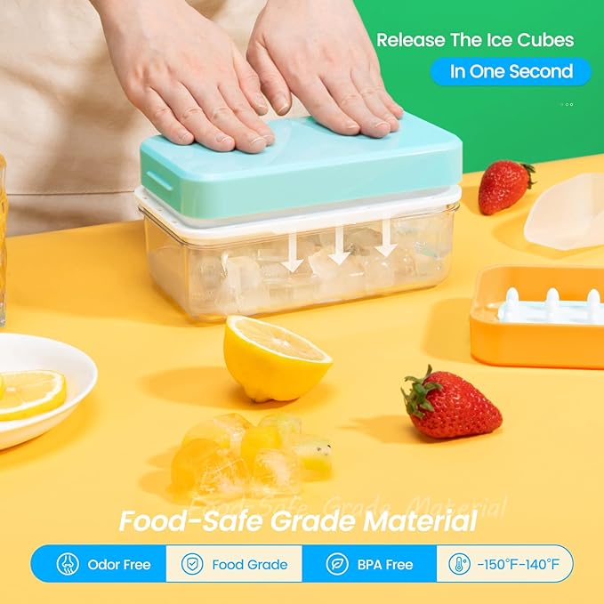 Ice Cube Tray with Lid and Bin, PHINOX 84 pcs Ice Trays for Freezer, Ice Cube Trays for Freezer with 3 trays, Container, Lid & Ice Scoop, BPA Free