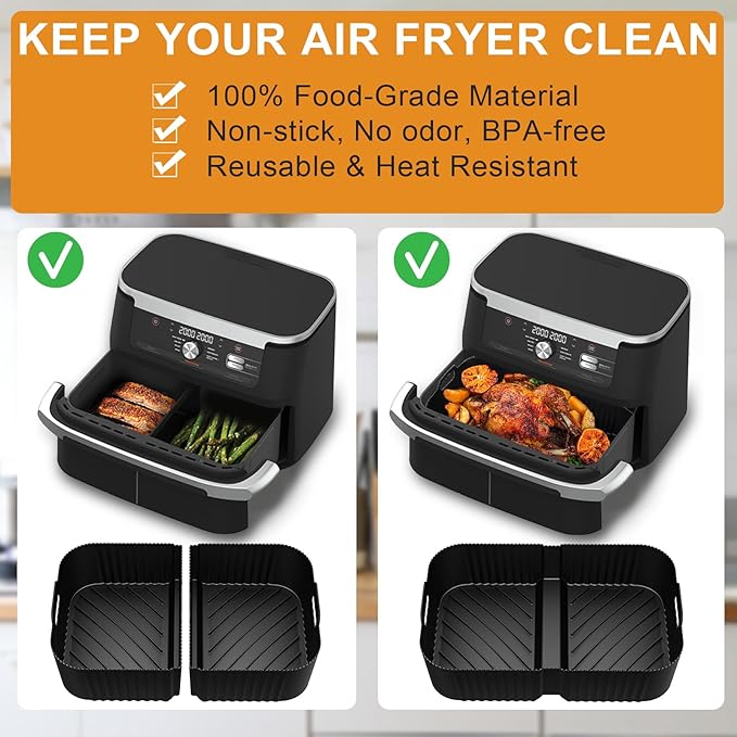 HOMELYLIFE Air Fryer Silicone Liners for Ninja DZ071 7-QT DualZone Megazone Air Fryer, 2 Pcs Liners for Dual 3.5QT Baskets and 1 Pcs Liner for 7-QT Megazone Basket, 3 Pcs Air Fryer Accessories