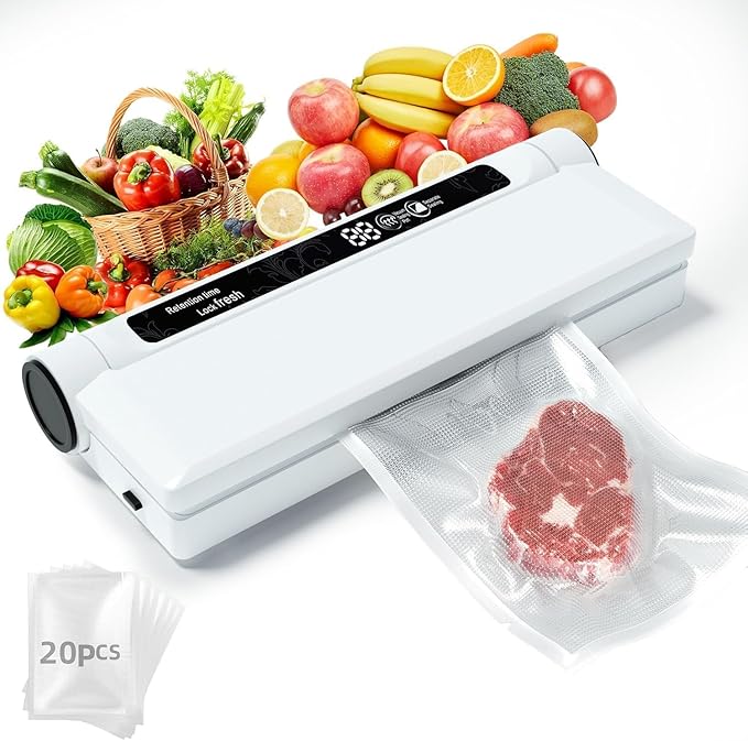 Compact Food Vacuum Sealer Machine - 75KPA Suction Power, LED Digital Timer Display, Dry and Moist Food Modes, Space-Saving Kitchen Gadget for Storage and Sous Vide Prep, Includes 20 Bags (White)