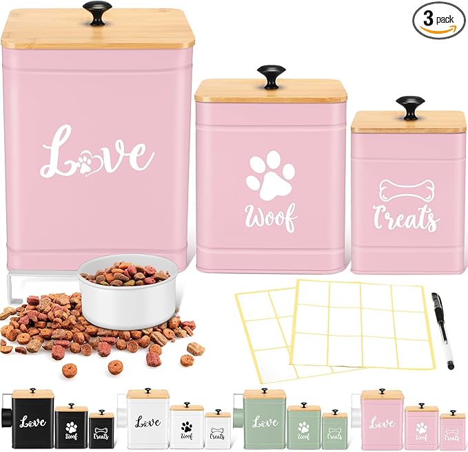 Jingmore Metal Dog Treat Containers Set of 3 with Bamboo Lids and Spoon Airtight 7+3+2 lbs Dog Food Snack Jars with DIY Labels Big Pet Cookie Storage Jar for Kitchen Counter (Pink,Funny)
