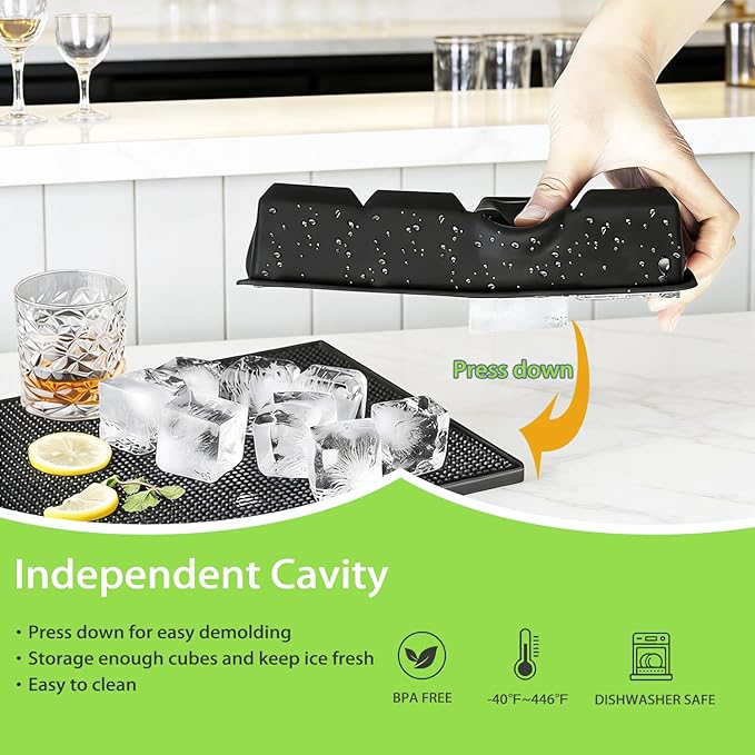 Silicone Ice Cube Tray for Freezer with Lid，Large Square Ice Cube Molds for Whiskey and Old Fashioned，Stackable Silicone Soup Freezer Molds - Set of 2