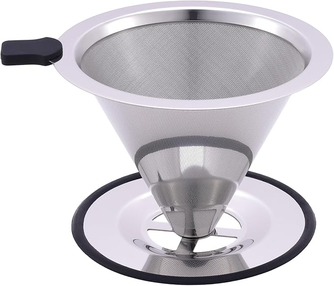 Pour Over Coffee Filter Dripper, Stainless Steel Metal Cone Drip Coffee Filter, Paperless and Permanently Reusable, Double Mesh Coffee,Tea Filter for 1-3 Cup