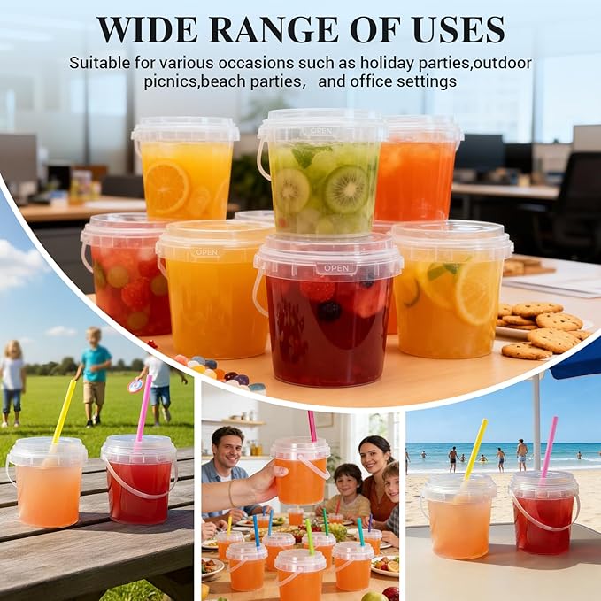 ASEVAT 12 Pack 17oz Clear Plastic Drink Buckets with Dual-Lid System, Reusable 0.5L Cups with Lids and Straws, Leakproof Bucket Cups for Boba Bubble Tea, Smoothies, Iced Coffee