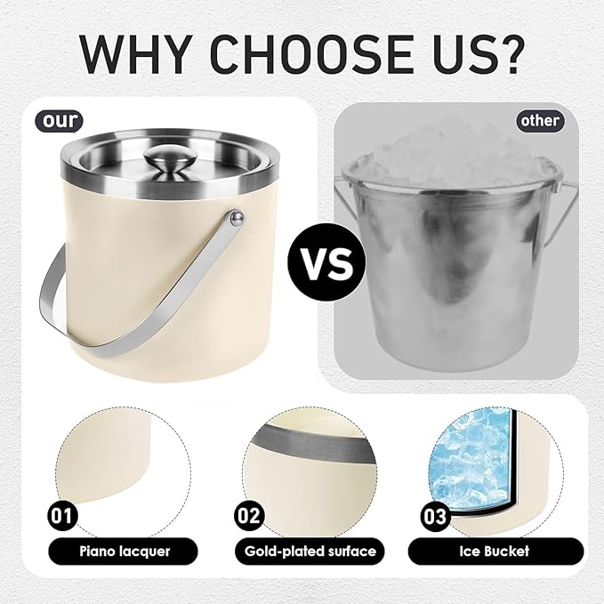 3L Beige-White Double Wall Insulated Stainless Steel Ice Bucket with Scoop for Cocktail Bar,Metal Ice Bucket for Freezer with Lid for Parties.ice Container to Keep Ice Colder,bar cart Accessories