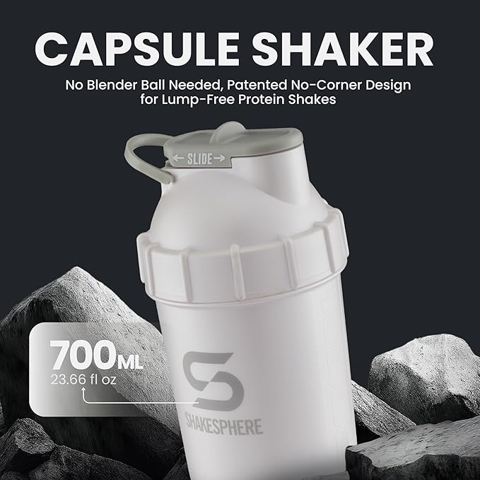 SHAKESPHERE Shaker Bottle - 24oz Leak Proof Protein Shaker Bottle for Pre Workout, Smoothie, and Powder Drink Mixes, No-Blade Mixer for Gym, BPA-Free, Easy Clean & Easy to Carry (Pearl White)