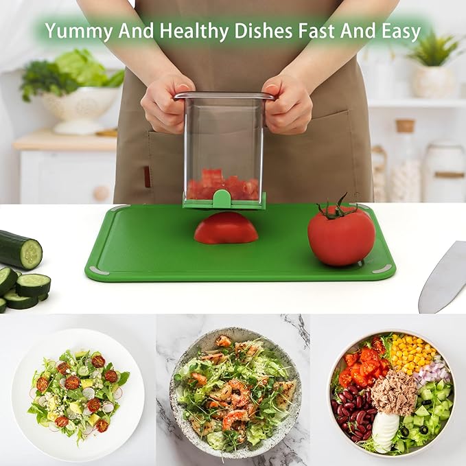 Strawberry Slicer - Fruit Slicer with Container - Pro Soft Food Chopper - Detachable Fruit Cutter Chopper with Push Plate - 2 Blades - Green