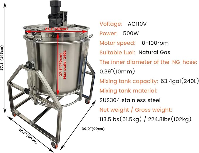 Stainless Steel Automatic Food Mixer 240L/63.4gal Electric Natural Gas Heating Stirrer Electric Pot Stirrer for large restaurants or cafeterias 110V