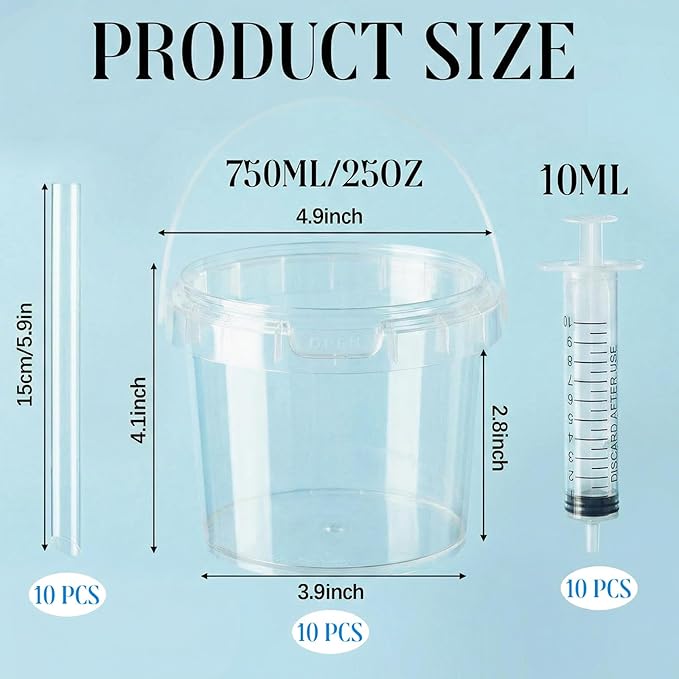 Willinglong 10 Set 25oz Clear Plastic Drink Buckets Rum Buckets for Drink with Straws, Lids and Beverage Syringes Reusable Iced Coffee Cups for Rum Wine Beer Cocktail Beverage Lemonades