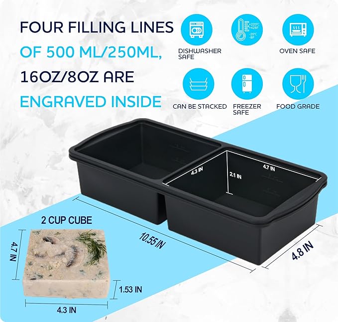 ZIP STANDING Silicone Freezer Trays with Lid,2-cup Soup Freezer Container large Ice Cube Molds with Reinforced Steel Ring Top for freezing Soup Sauce Broth Leftovers oven Dishwasher -Safe (black)