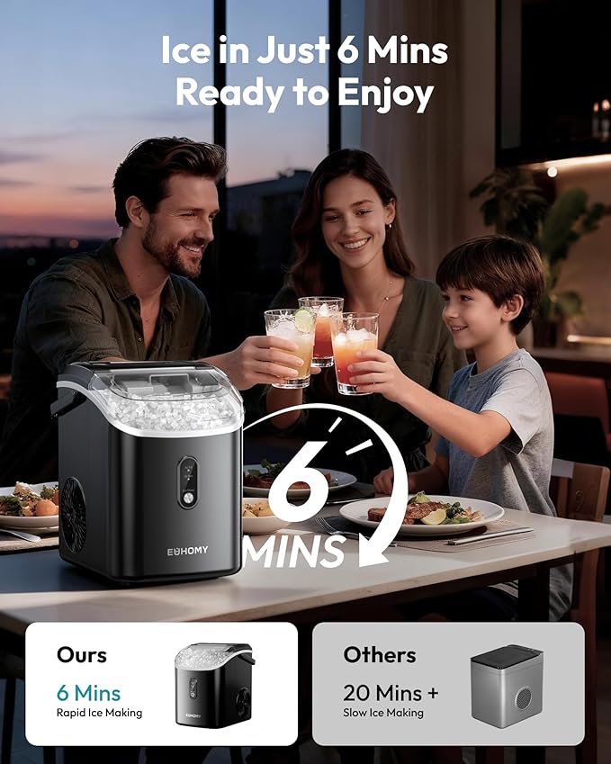EUHOMY Nugget Ice Maker Countertop with Handle, Ready in 6 Mins, 35lbs Per Day, Removable Top Cover, Auto-Cleaning, Portable Sonic Ice Maker with Basket and Scoop, for Home/Party/RV/Camping