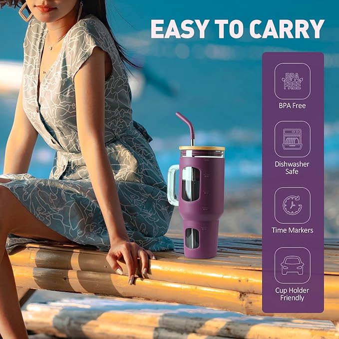 WINSA Glass Tumbler with Straw and Lid, 40 oz glass cup with handle, Glass Water Bottles with Time Marker, Silicone Protective Sleeve-Dark Purple