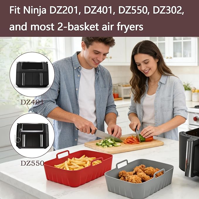 Golden Associate Silicone Liners Rectangle 2 Pcs for Air Fryer Dual Basket 8 to 10 Qt, Food-grade Reusable Baking Tray Fit Ninja DZ201 DZ401 DZ550, 4 to 5 Qt Each, Airfryer Accessories Grey