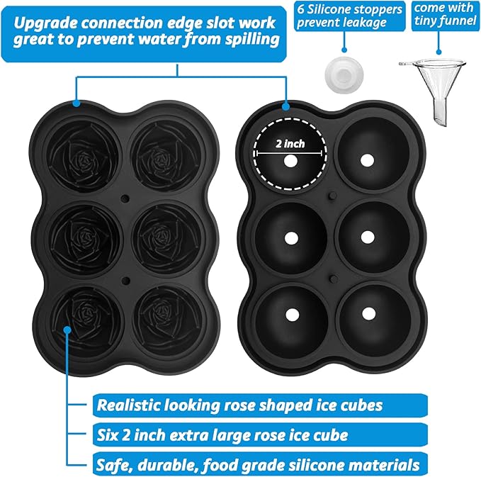 CAMKYDE Rose Ice Cube Tray 2 Inch [1 Mold + 1 Funnel + 6 Stoppers], 6 Cavity Silicone Rose Ice Cube Mold for Whiskey, Chilling Cocktails, Bourbon, Juice (Black)